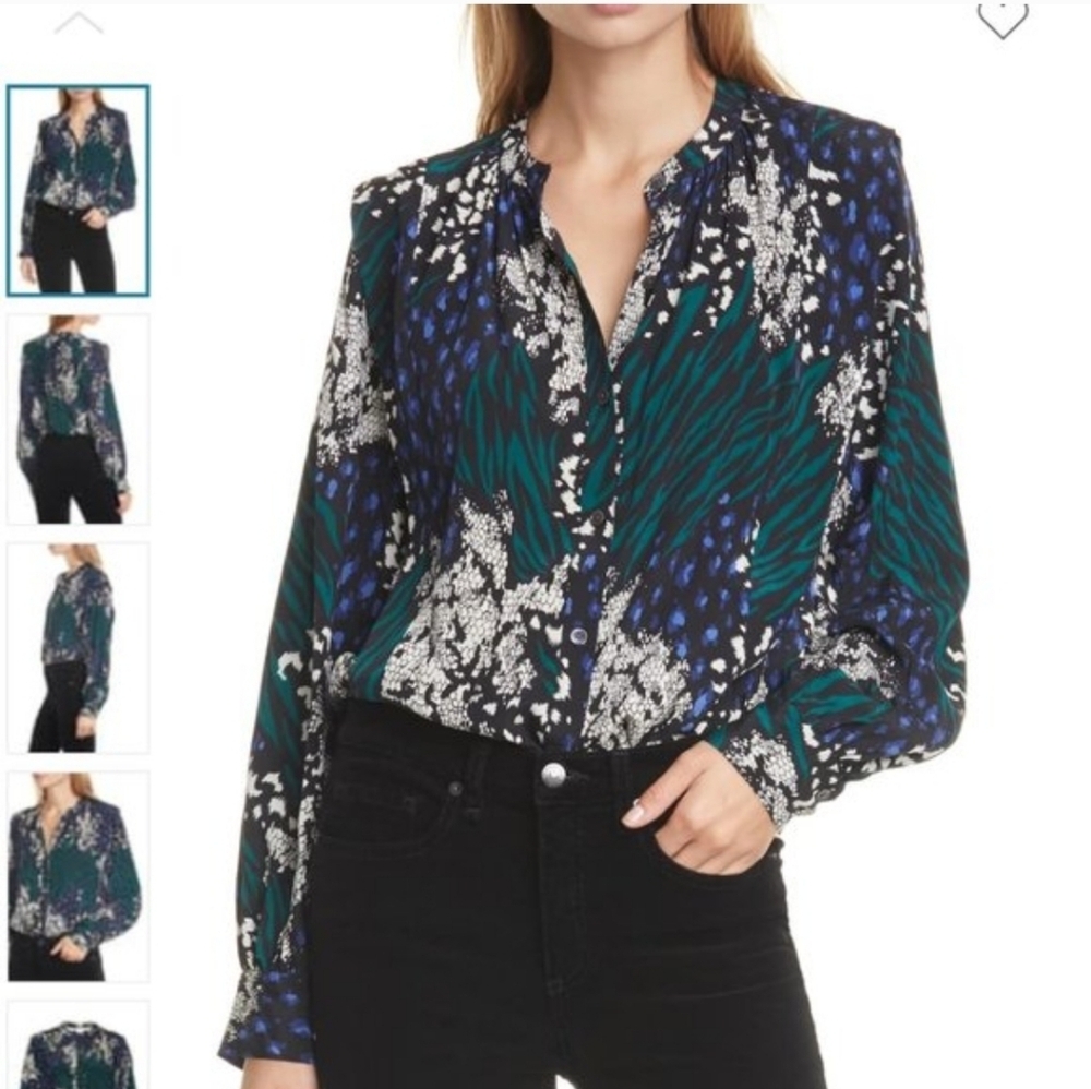 Veronica Beard Buckley Floral Silk Blouse Green Black Size 00 Loose Fit Preppy - Picture 6 of 13